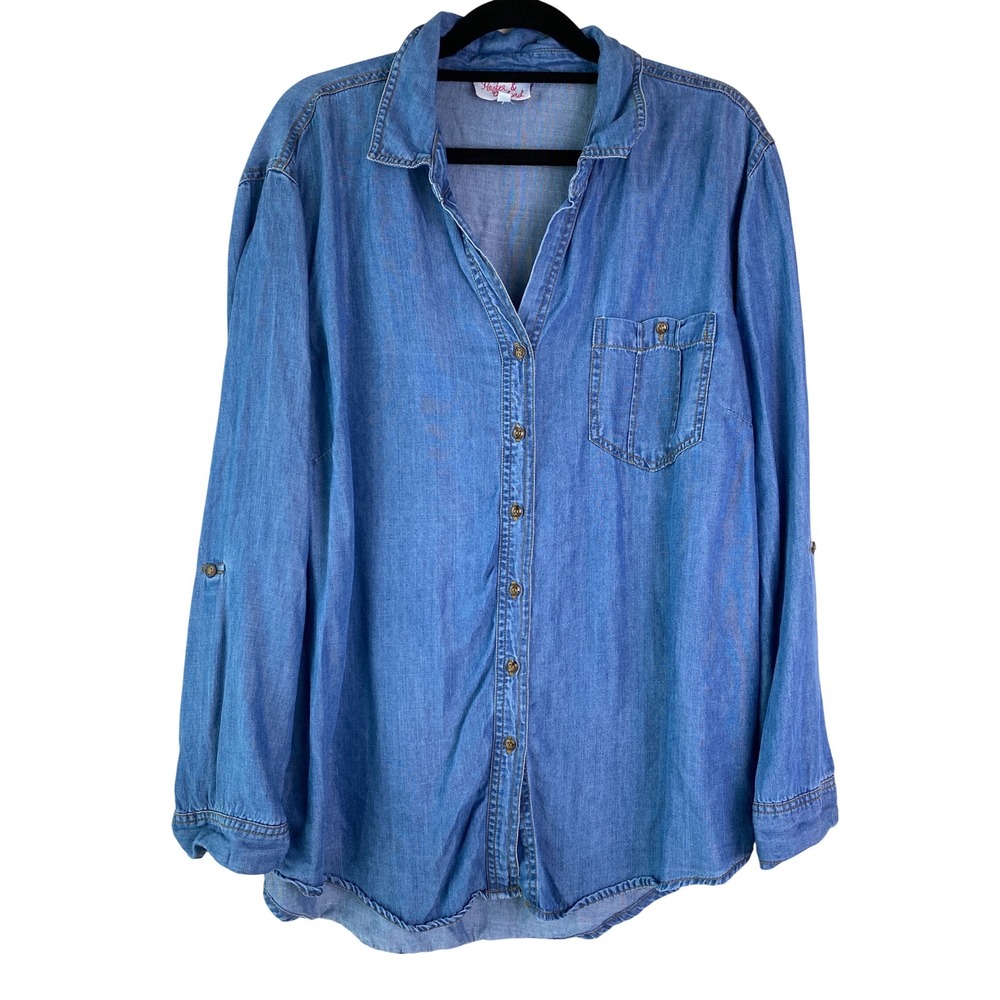 Hester & Orchard Women Chambray Button Up Shirt L Blue Lagenlook Roll Tab Tencel